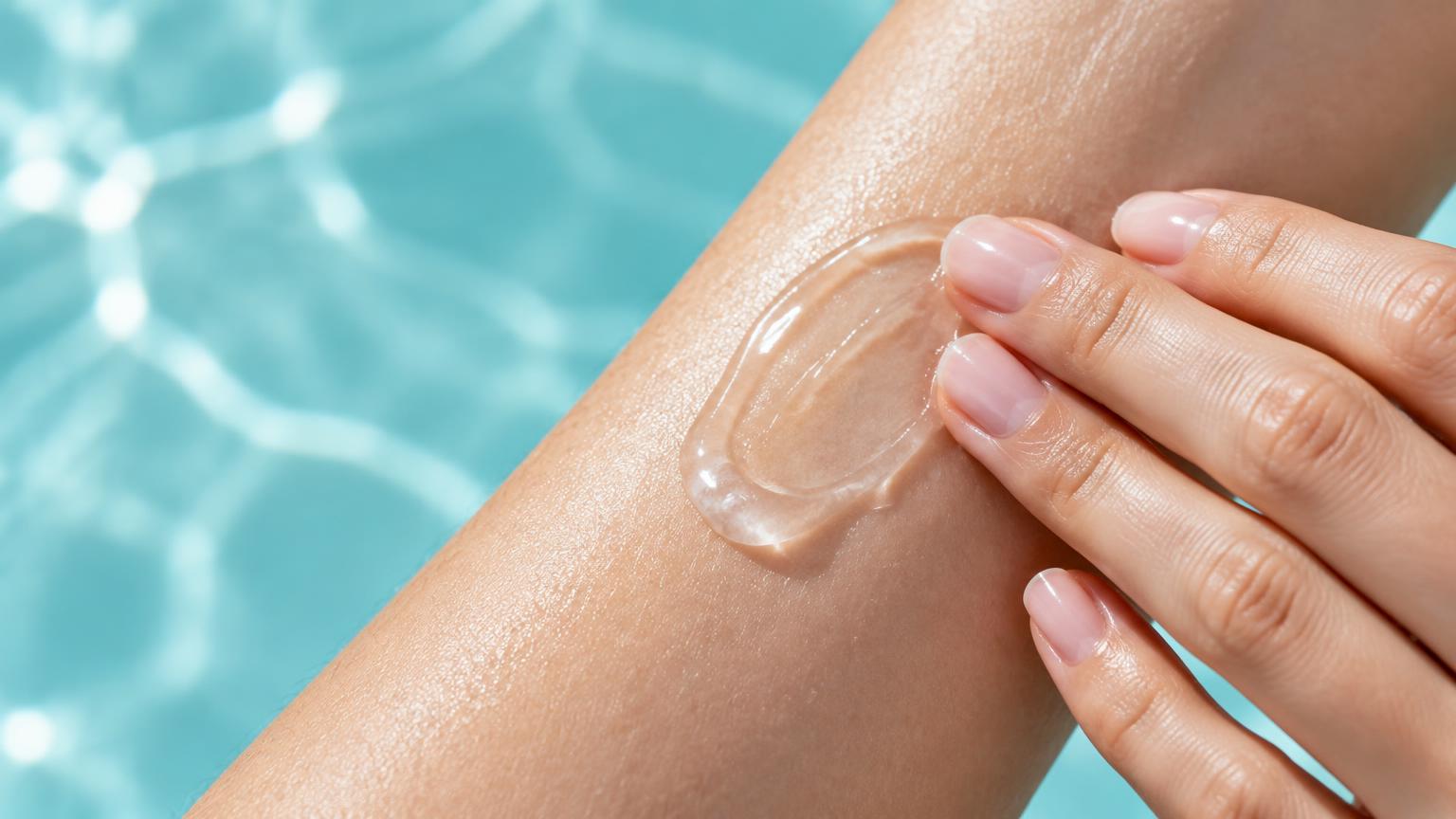 Fingertips spreading a clear gel across forearm skin against a turquoise background