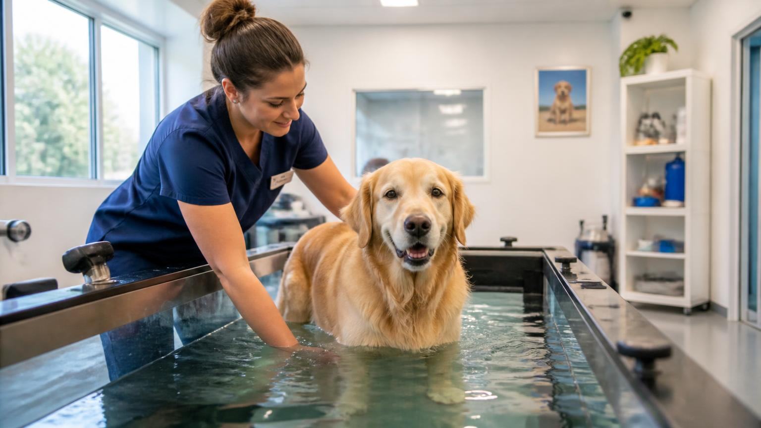Golden retriever receiving oxygen water therapy in a veterinary hydrotherapy tub