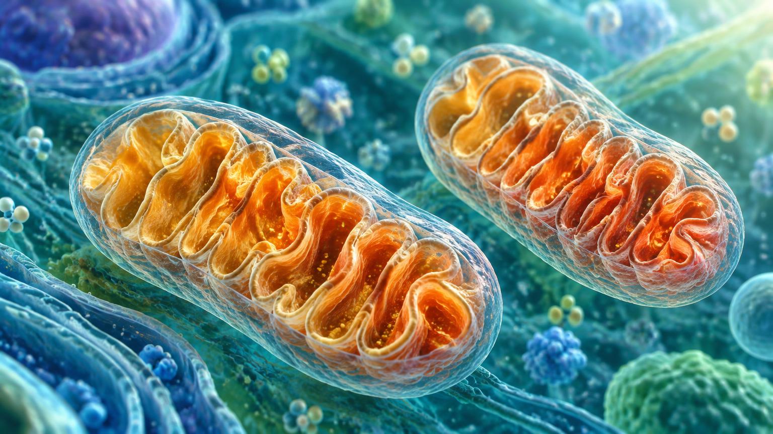 Illustrated mitochondria with folded inner membranes within a translucent cell