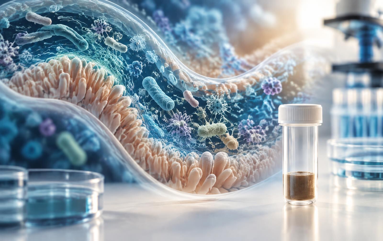 Clinical gut terrain sample with a detailed microbiome visualization