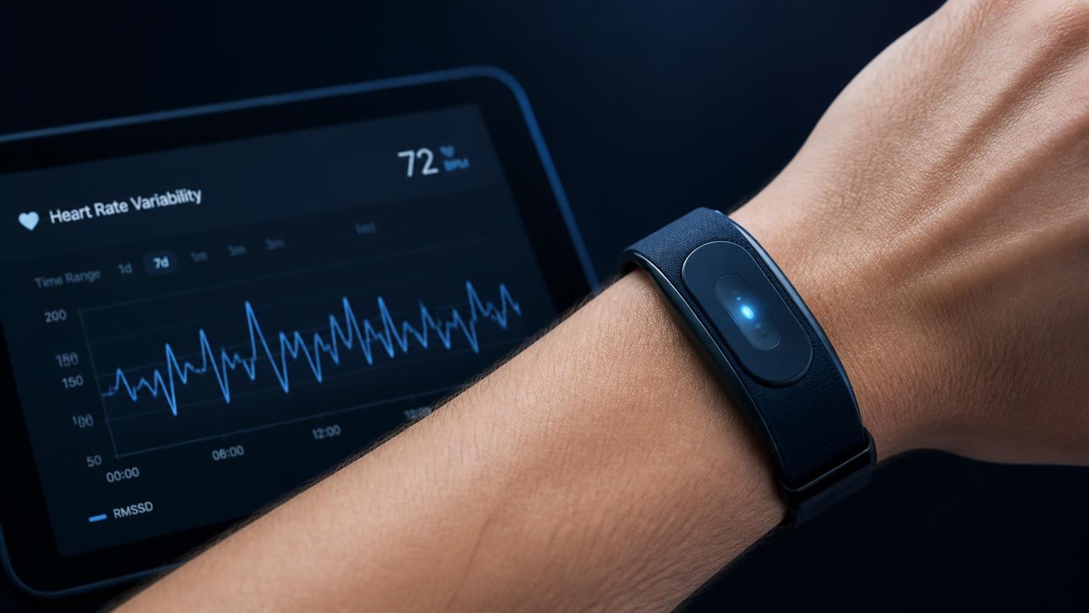Medical-grade continuous cardiac monitoring wearable on a patient wrist beside an HRV trend display
