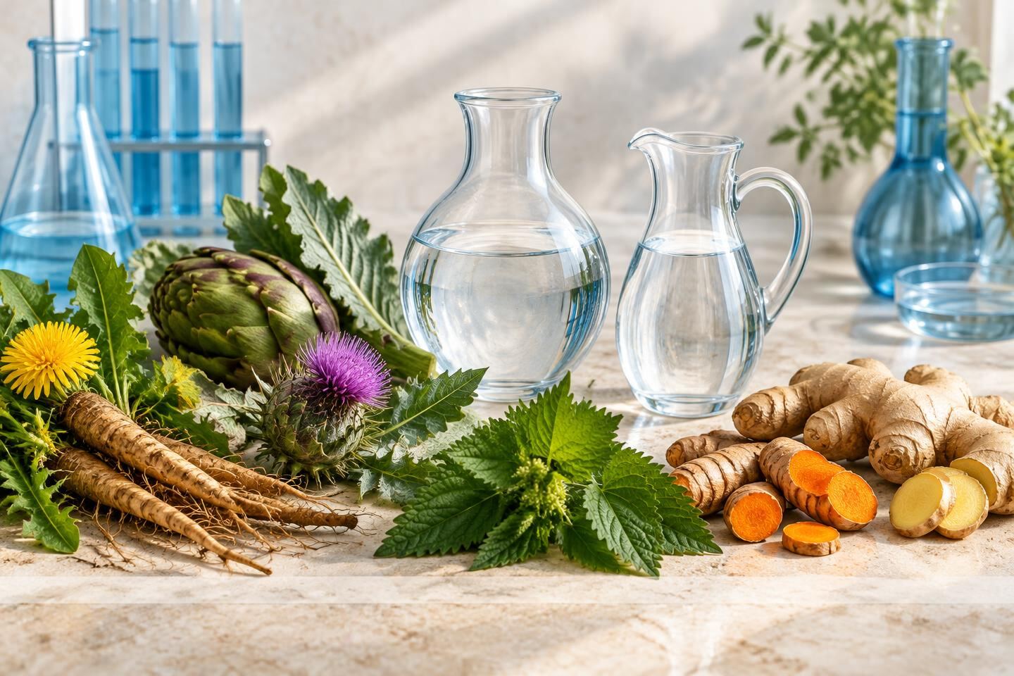 Dandelion, artichoke, milk thistle, nettle and water arranged to represent filtration support