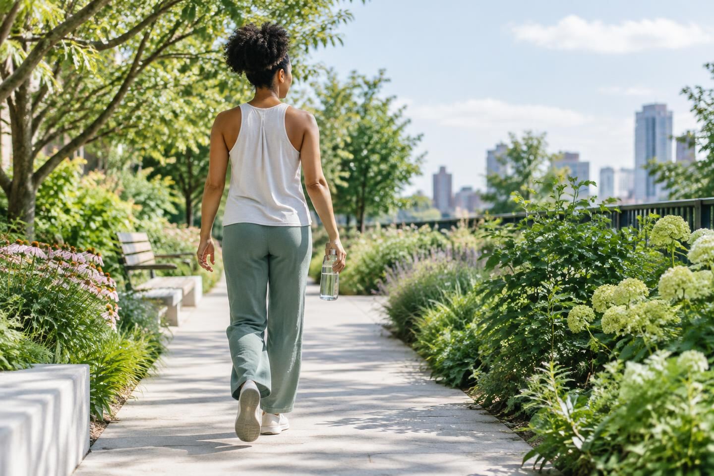 Woman walking through a garden path with water as part of a daily movement routine