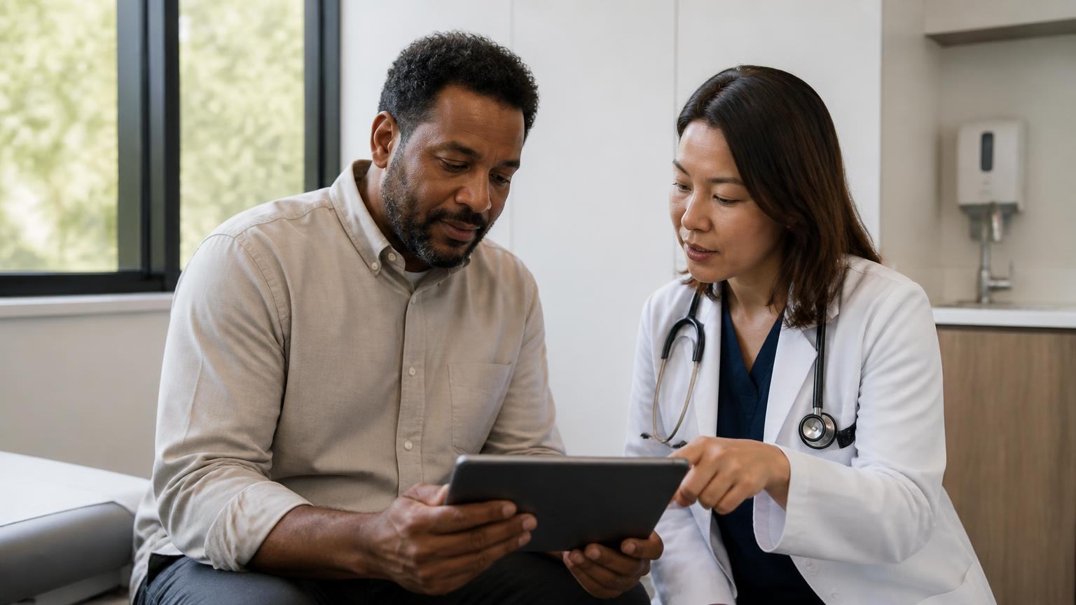 Kure Health clinician reviewing a patient's own biological data with them on a tablet