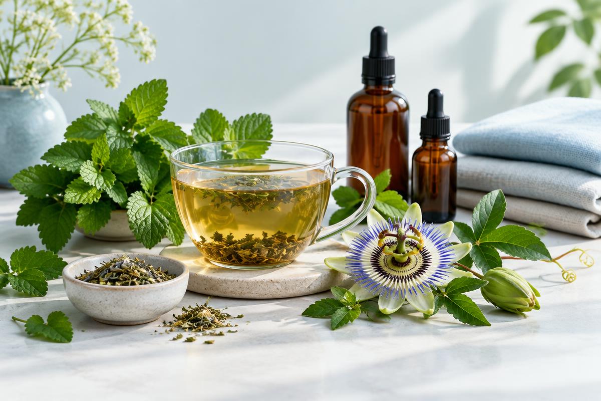 Lemon balm tea and botanical preparations arranged for an evening recovery ritual