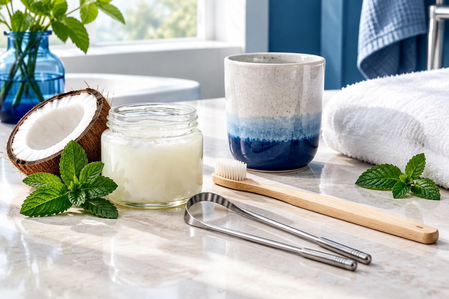 Coconut oil, tongue scraper and toothbrush prepared for a morning oral-care routine