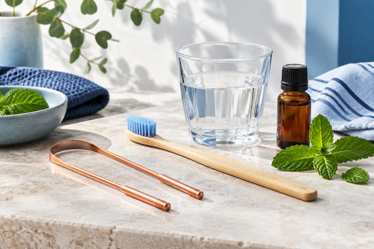Copper tongue scraper, bamboo toothbrush, mint and botanical oil for a morning oral ritual