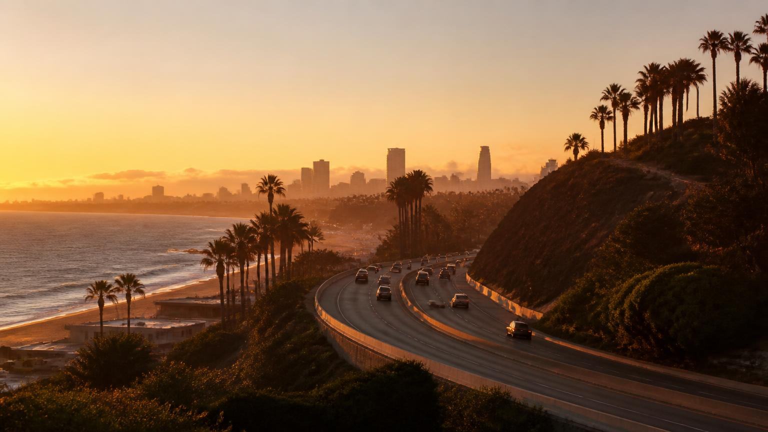 Southern California coastal highway leading from Orange County toward the Downtown Los Angeles skyline