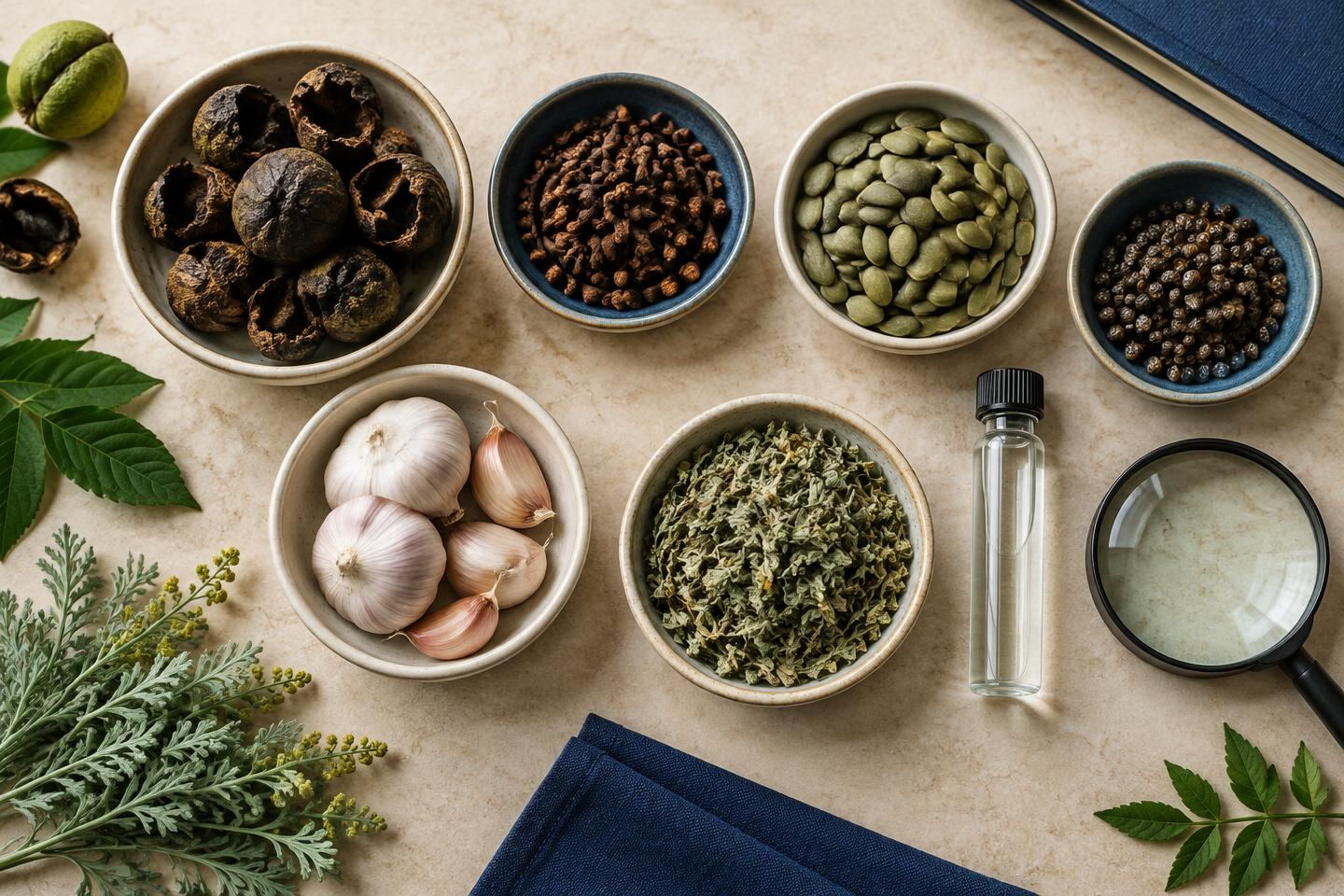 Botanicals traditionally used in cleansing arranged beside a sample vial and magnifying lens