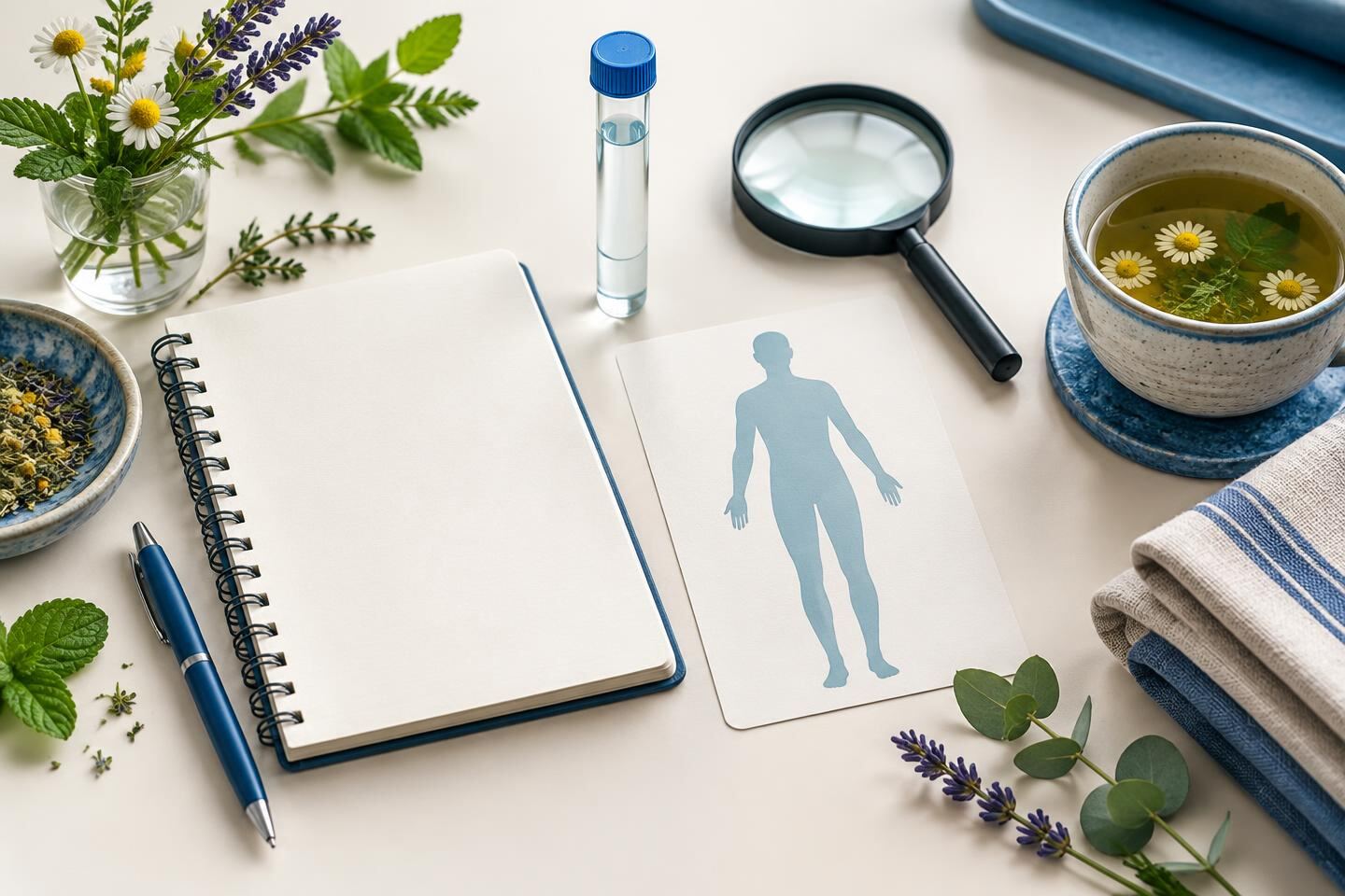 Symptom journal, sample tube and magnifying lens representing the difference between symptoms and testing