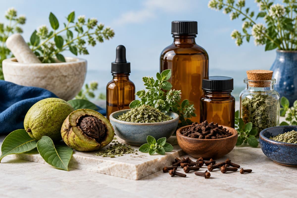 Walnut hull, clove and botanical preparations arranged for a measured terrain protocol
