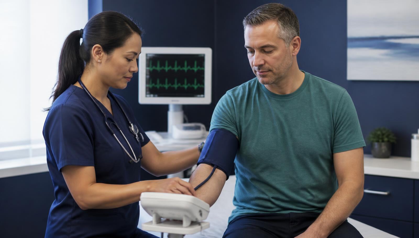 Clinician taking a patient blood pressure reading with an ECG trace visible on a nearby monitor, illustrating Reducing Autoimmune Antibodies and Inflammation, from the Kure Health article Autoimmune Treatment