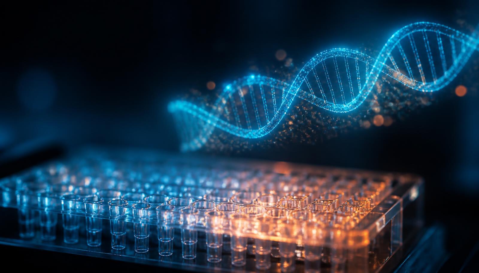 Genomic sequencing sample plate with a holographic DNA double helix above it in a dark laboratory, illustrating Exosome Therapy: The Future of Cellular Communication, from the Kure Health article Regenerative Medicine