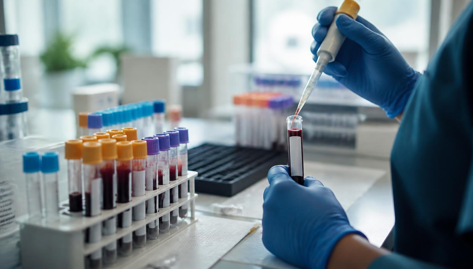 Laboratory technician preparing labeled blood collection tubes for a comprehensive diagnostic panel, illustrating What Is Genuinely Known and What Is Genuinely Unknown, from the Kure Health article What Lifters Mean When They Say They Have Plateaued