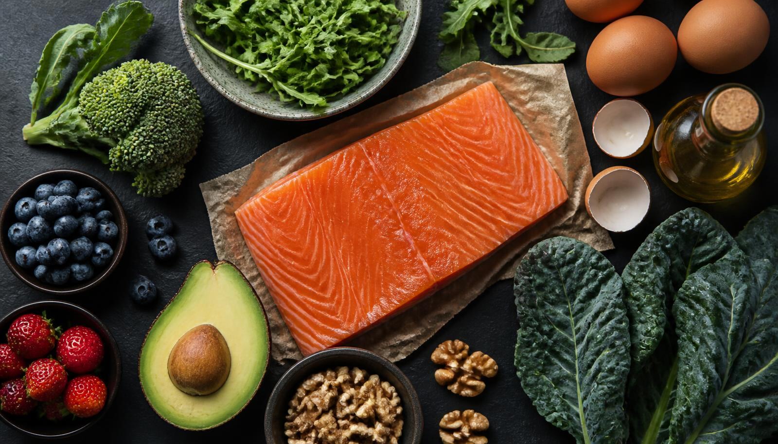 Overhead arrangement of whole foods including wild salmon, leafy greens, berries, walnuts, and olive oil on slate, illustrating Why the Body Is Doing This, from the Kure Health article How Long Does It Take to Plateau in the Gym? The Fueling Ledger Explains