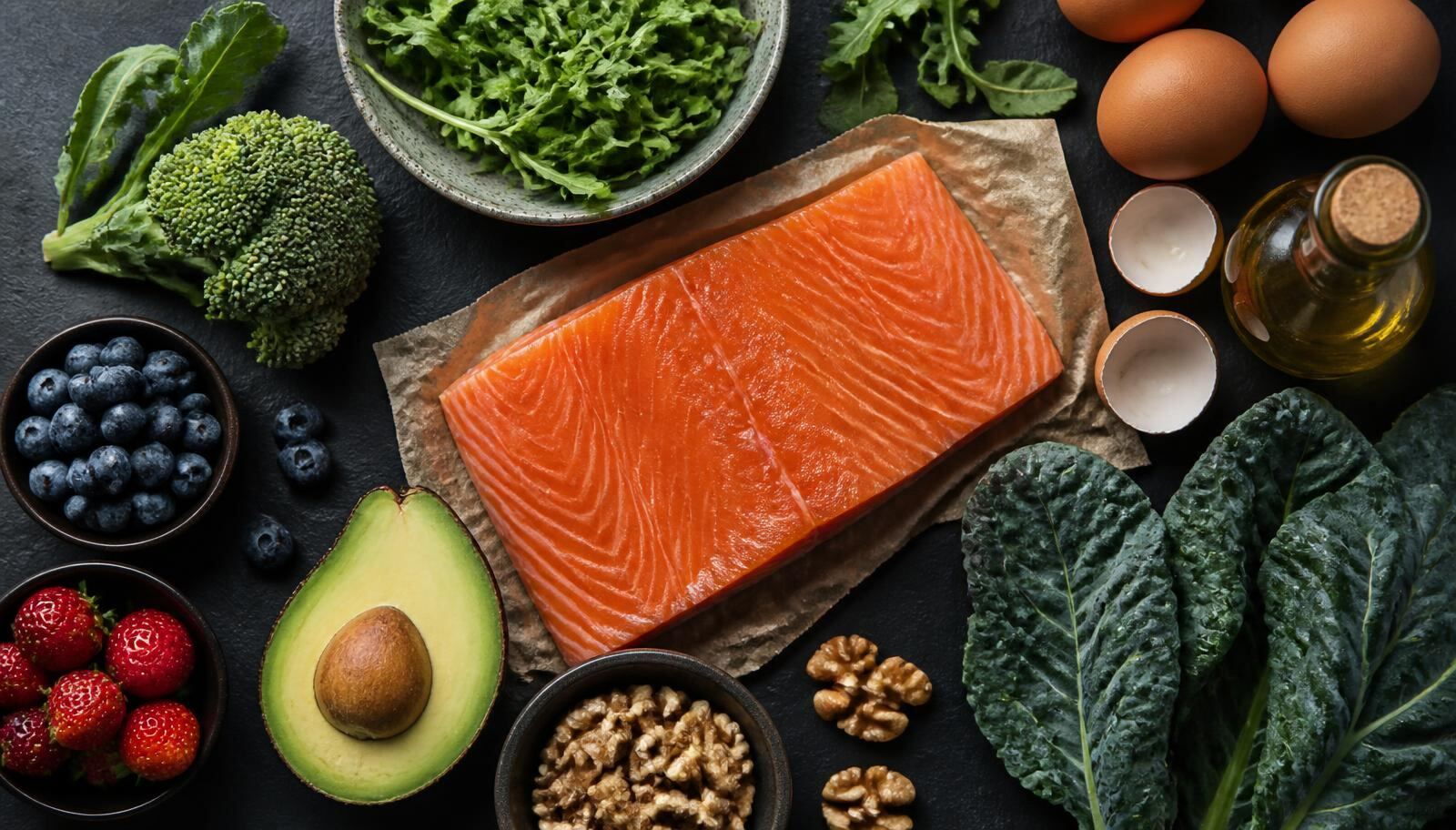 Overhead arrangement of whole foods including wild salmon, leafy greens, berries, walnuts, and olive oil on slate, illustrating The Signal-Based Approach to Optimization, from the Kure Health article Normal Testosterone Is a Lie: What Every Man Over 35 Needs to Know