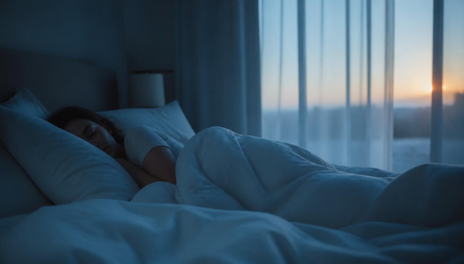 Adult asleep in a dim bedroom at first light with soft blue window light through the curtains, illustrating Why the Body Is Doing This, from the Kure Health article What Lifters Mean When They Say They Have Plateaued