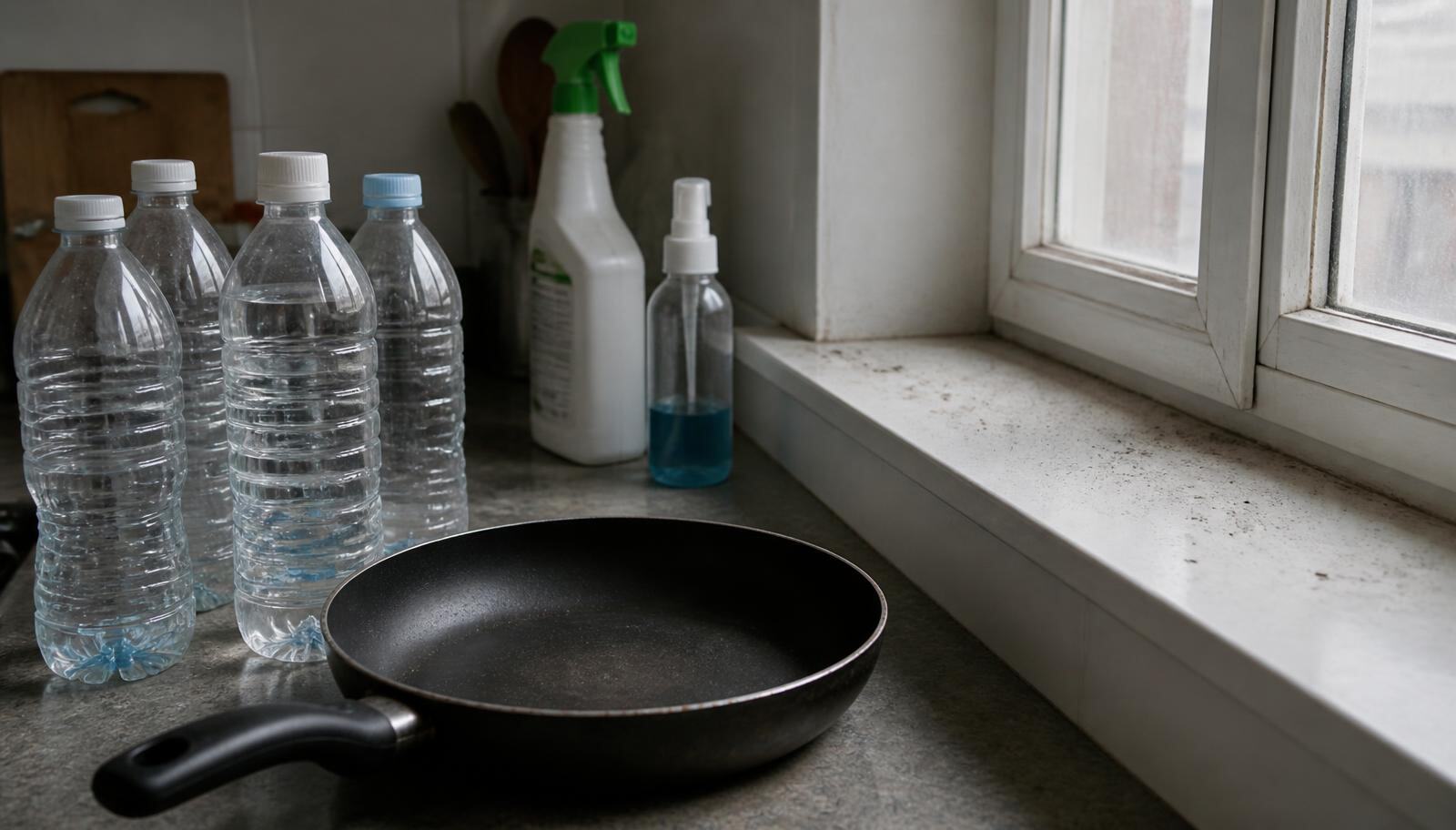 Everyday household exposure sources on a kitchen counter including plastic bottles, a worn non-stick pan, and cleaning sprays, illustrating Heavy Metals: Testing and Safe Removal, from the Kure Health article Detox Program