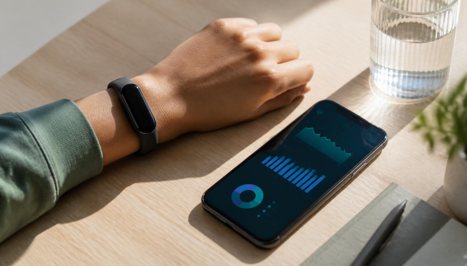 Wrist wearable beside a phone displaying heart rate variability and sleep trend graphs on a sunlit desk, illustrating Turning One Placement into Ongoing Media Relationships, from the Kure Health article How to Get Featured in Healthcare Publications: A Data-Driven Pitch Strategy