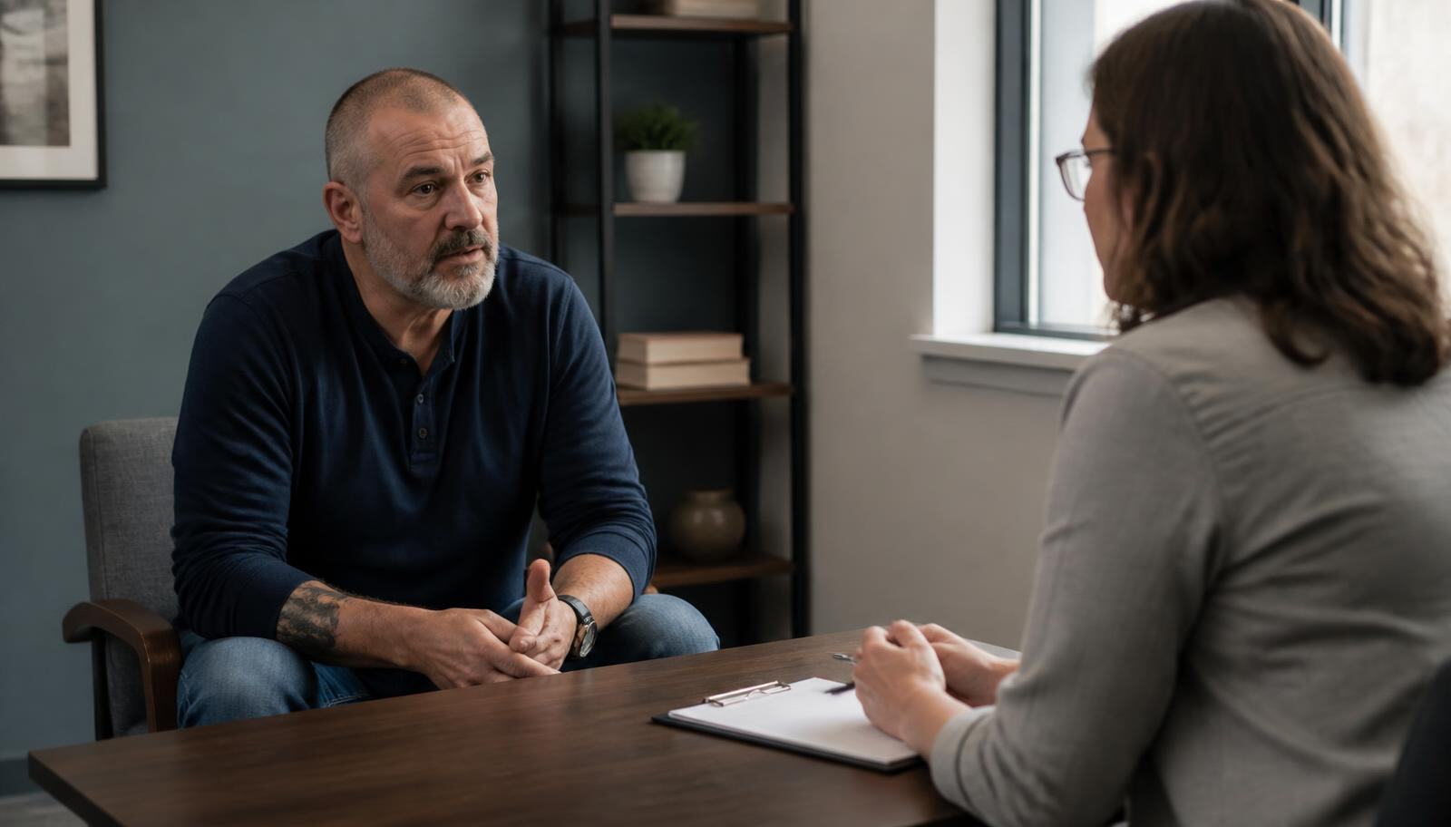 US military veteran in conversation with a clinician during a covered care intake appointment, illustrating Agent Orange: Generational Health Damage, from the Kure Health article Veteran Toxic Exposure: Burn Pits, Agent Orange, and the Health Crisis Nobody Talks About