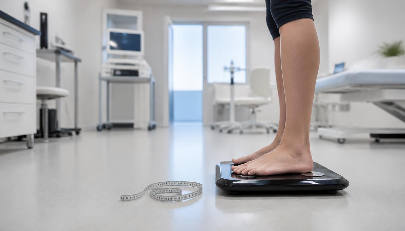 Patient stepping onto a body composition analyzer beside a measuring tape in a bright clinical assessment room, illustrating What to watch for in yourself, from the Kure Health article Plateau Meaning Gym: What the Word Actually Describes