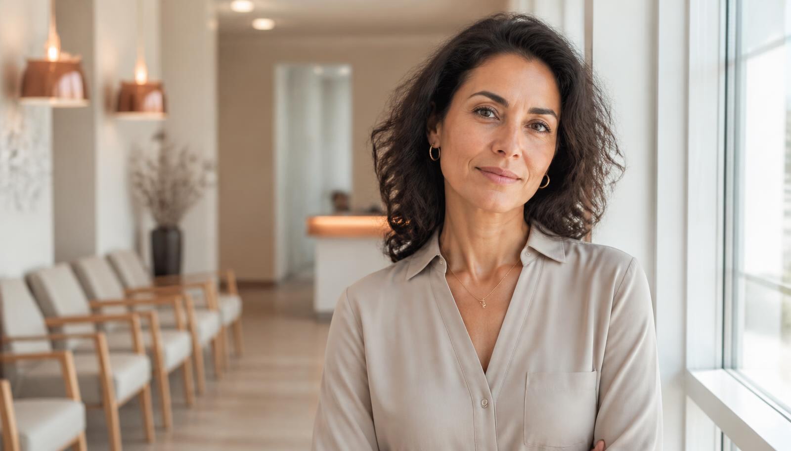 Woman in her forties standing in a calm modern clinic reception area with warm natural light, illustrating Hormone Optimization for Men and Women, from the Kure Health article Hormone Optimization