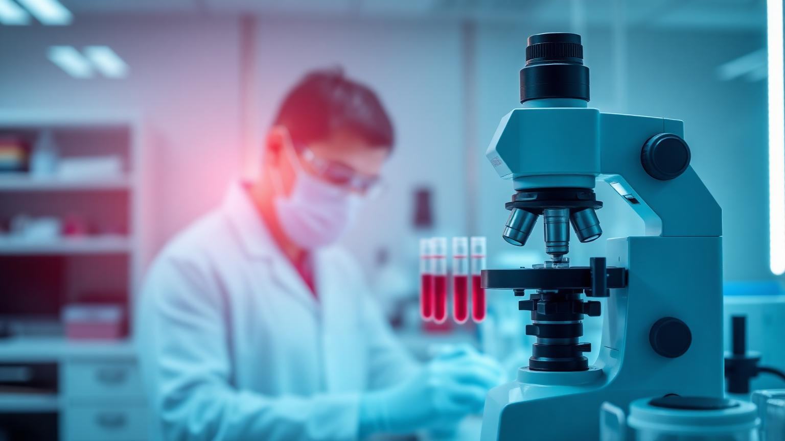 Immune and autoimmune laboratory analysis of blood samples under a microscope