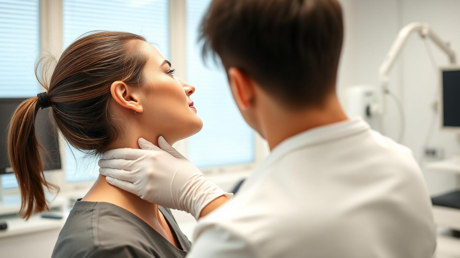 Clinician performing a thyroid examination on a patient at the Kure Health Downtown LA center